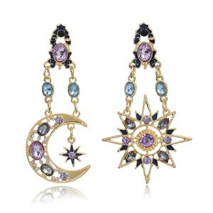 Sun & Moon Asymmetrical Rhinestone Dangle Post Earrings